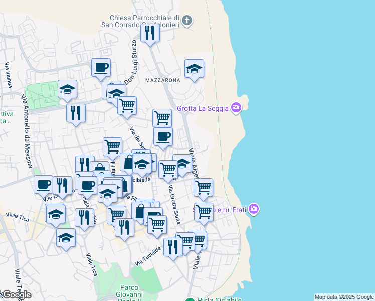 map of restaurants, bars, coffee shops, grocery stores, and more near 8 Via Lazio in Siracusa