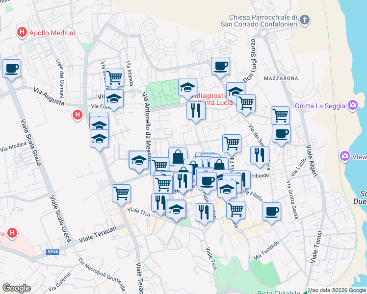 map of restaurants, bars, coffee shops, grocery stores, and more near 20 Via Sofio Ferrero in Siracusa