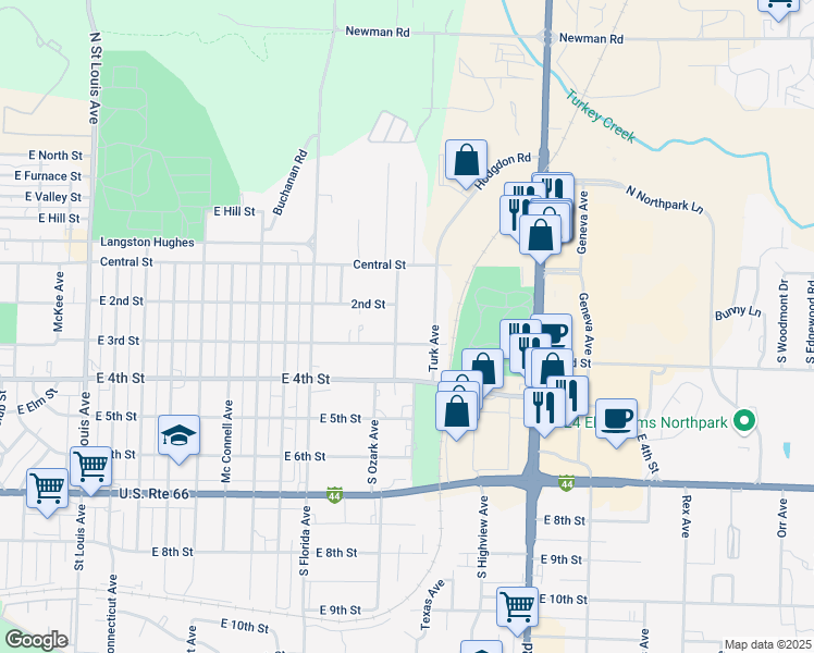 map of restaurants, bars, coffee shops, grocery stores, and more near 225 South Ozark Avenue in Joplin