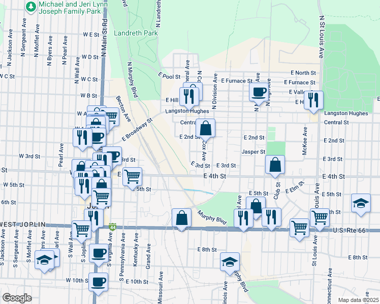 map of restaurants, bars, coffee shops, grocery stores, and more near 402 South Mineral Avenue in Joplin