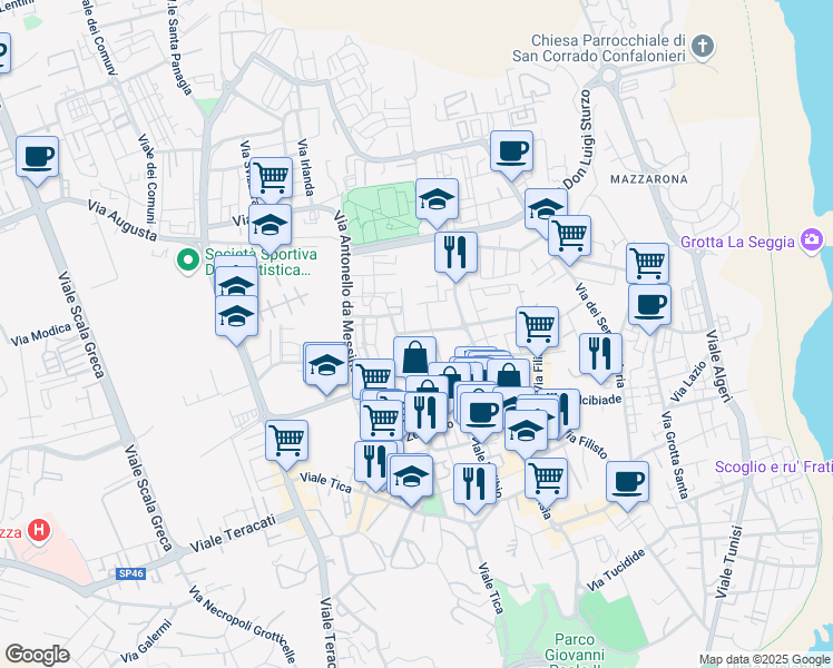 map of restaurants, bars, coffee shops, grocery stores, and more near 16/A Via Sofio Ferrero in Siracusa