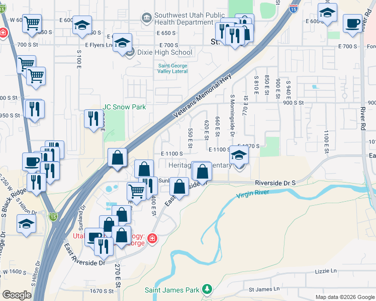 map of restaurants, bars, coffee shops, grocery stores, and more near 1091 South 500 East Circle in St. George