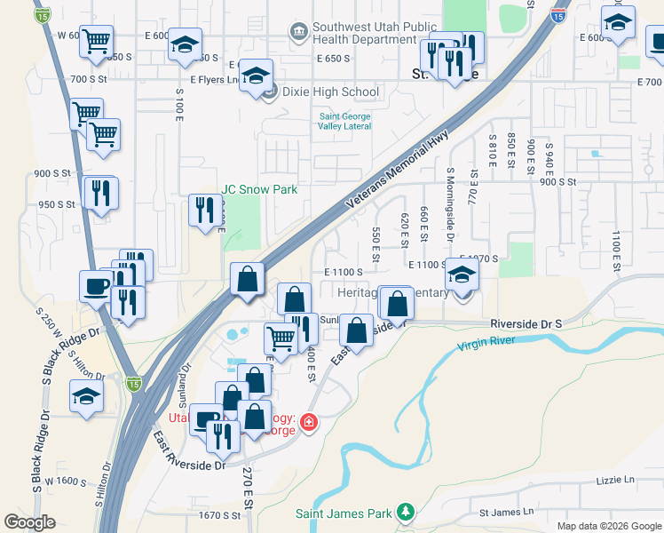 map of restaurants, bars, coffee shops, grocery stores, and more near 1063 South 430 East in St. George