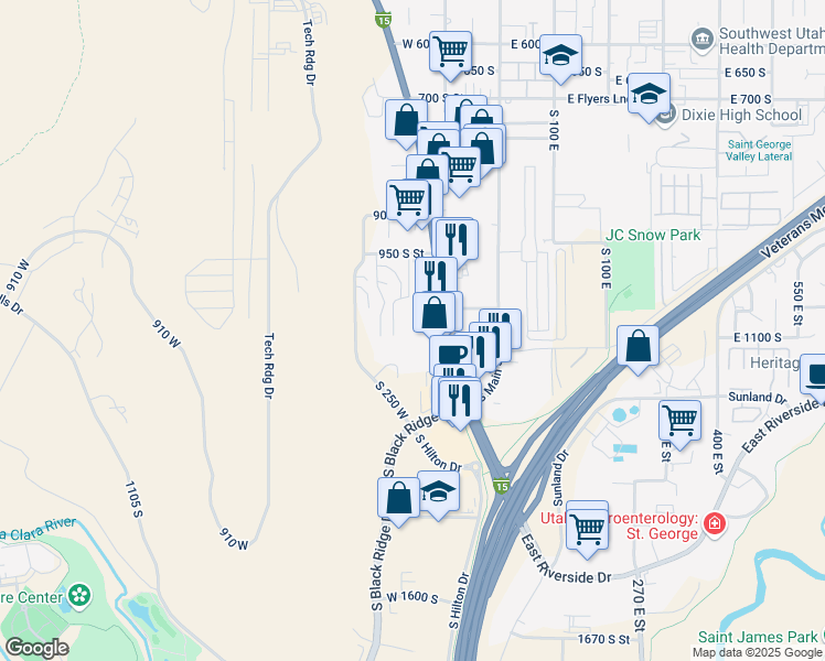 map of restaurants, bars, coffee shops, grocery stores, and more near 1173 South 250 West in St. George