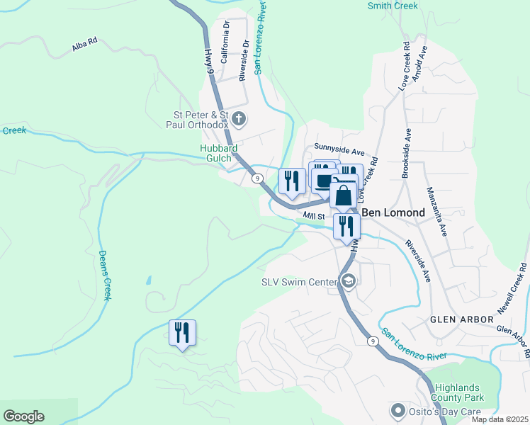 map of restaurants, bars, coffee shops, grocery stores, and more near 9550 Old County Road in Ben Lomond