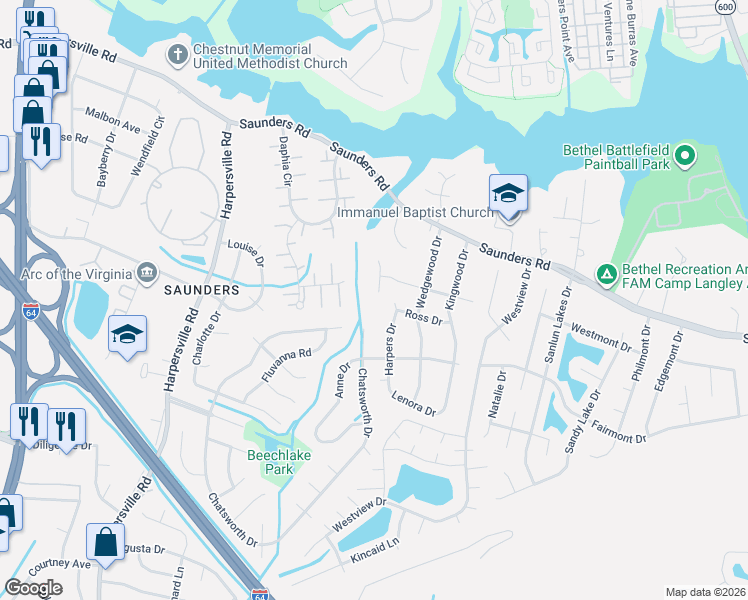 map of restaurants, bars, coffee shops, grocery stores, and more near 42 Crestwood Drive in Newport News
