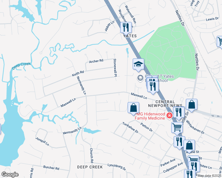 map of restaurants, bars, coffee shops, grocery stores, and more near 127 Maxwell Lane in Newport News