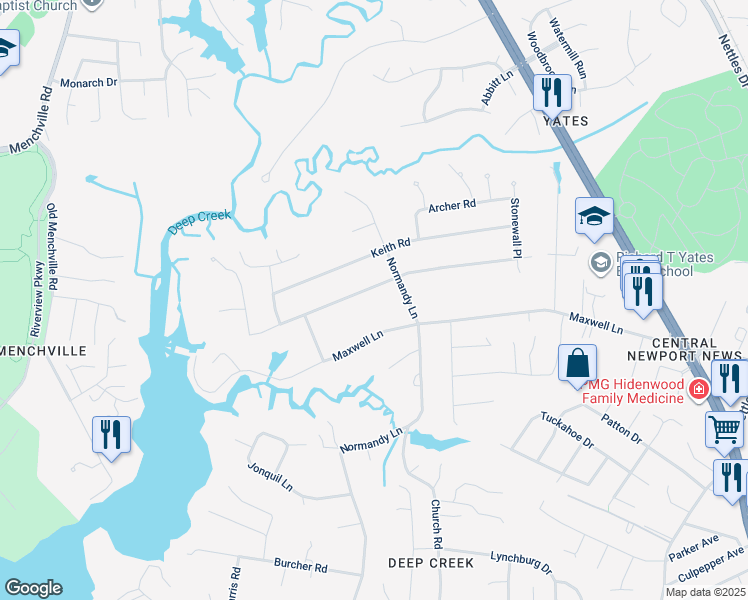map of restaurants, bars, coffee shops, grocery stores, and more near 204 Milstead Road in Newport News