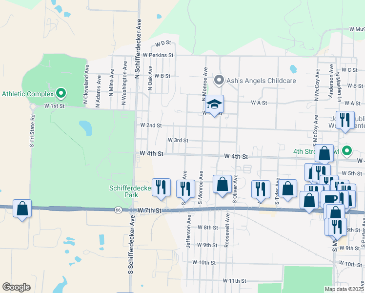 map of restaurants, bars, coffee shops, grocery stores, and more near 314 South Winfield Avenue in Joplin