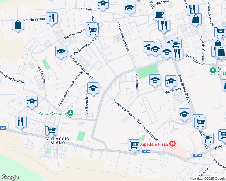 map of restaurants, bars, coffee shops, grocery stores, and more near 15 Via Selinunte in Siracusa