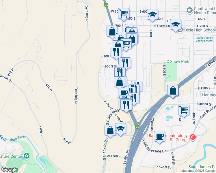 map of restaurants, bars, coffee shops, grocery stores, and more near 161 West 950 South in St. George