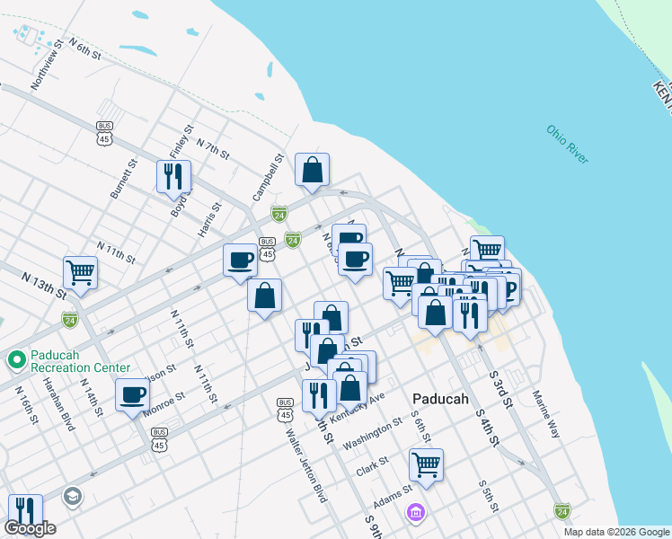 map of restaurants, bars, coffee shops, grocery stores, and more near 415 North 6th Street in Paducah