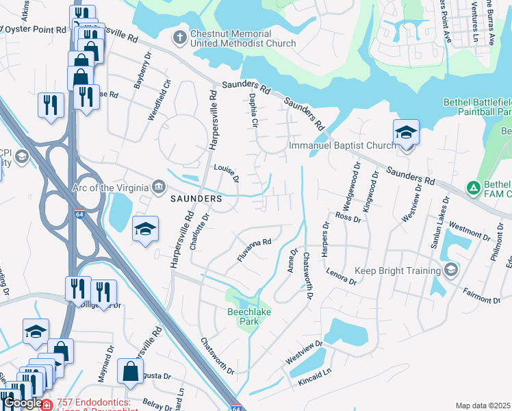 map of restaurants, bars, coffee shops, grocery stores, and more near 449 Saint Egnatios Drive in Newport News
