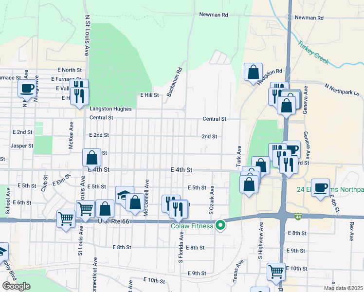 map of restaurants, bars, coffee shops, grocery stores, and more near 221 S Brownell Ave in Joplin