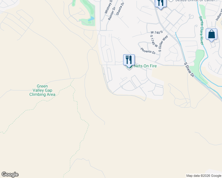 map of restaurants, bars, coffee shops, grocery stores, and more near South Gap Canyon Parkway in St. George