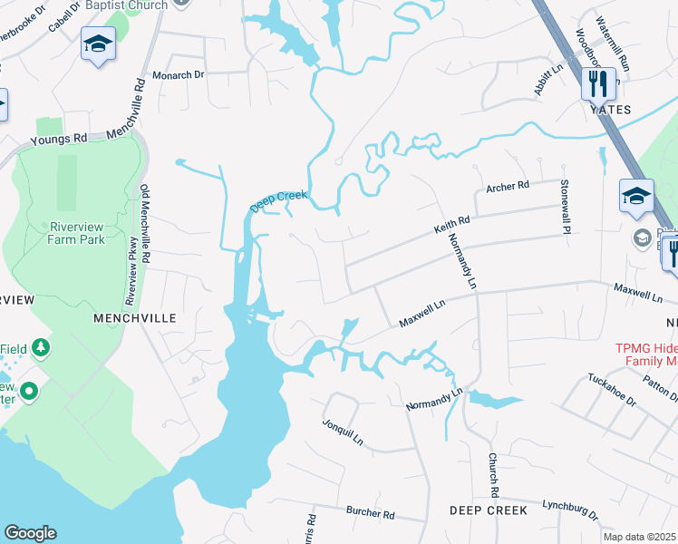map of restaurants, bars, coffee shops, grocery stores, and more near 107 Lolas Drive in Newport News