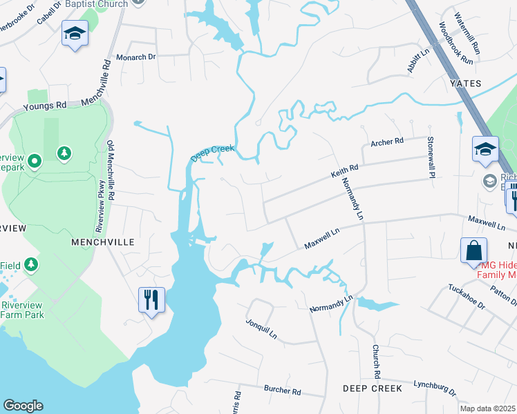 map of restaurants, bars, coffee shops, grocery stores, and more near 107 Lolas Drive in Newport News