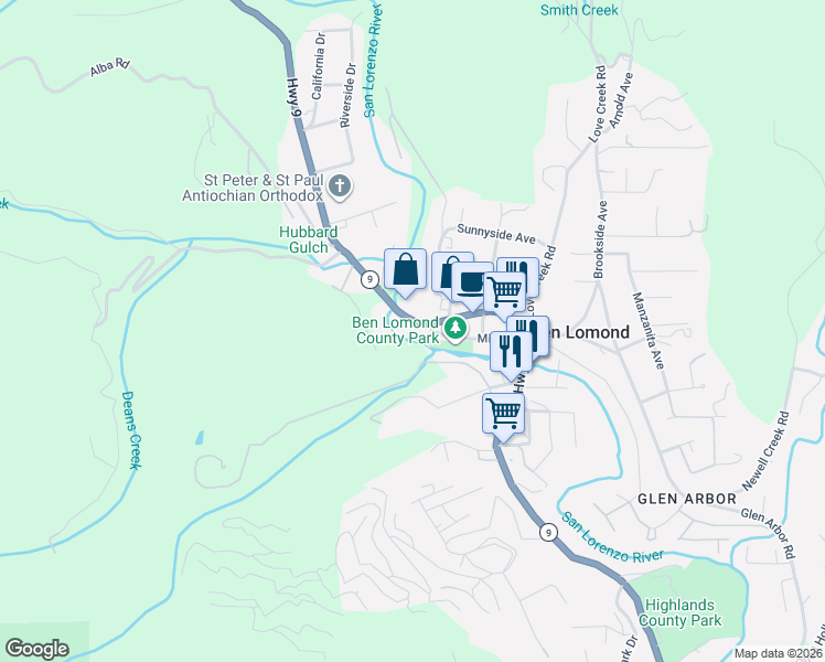 map of restaurants, bars, coffee shops, grocery stores, and more near 9625 California 9 in Ben Lomond