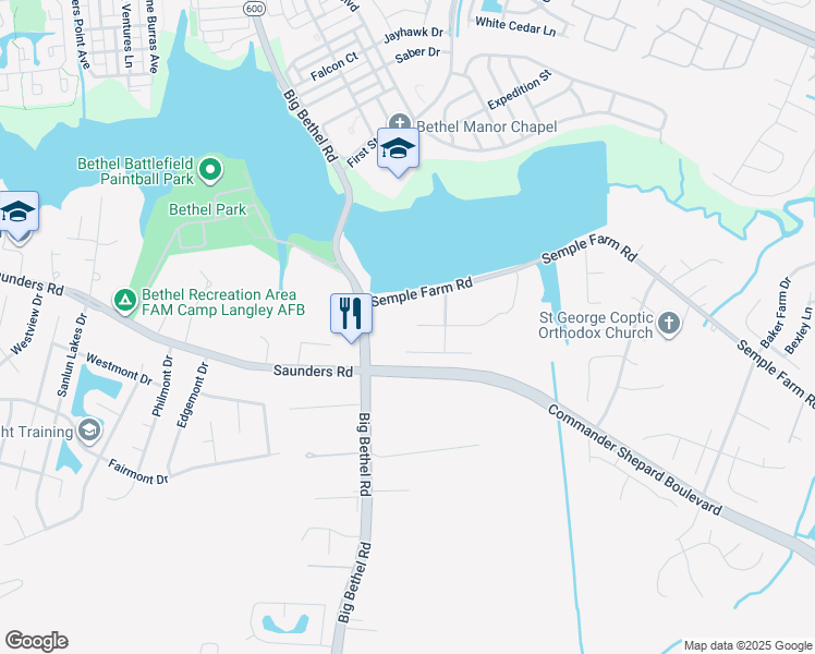 map of restaurants, bars, coffee shops, grocery stores, and more near 2 Old Pond Court in Hampton