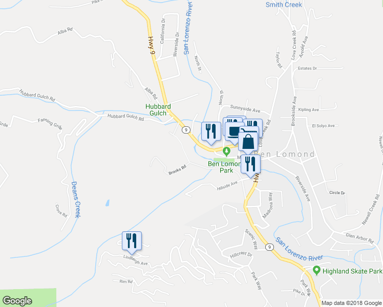 map of restaurants, bars, coffee shops, grocery stores, and more near 9550 Old County Road in Ben Lomond