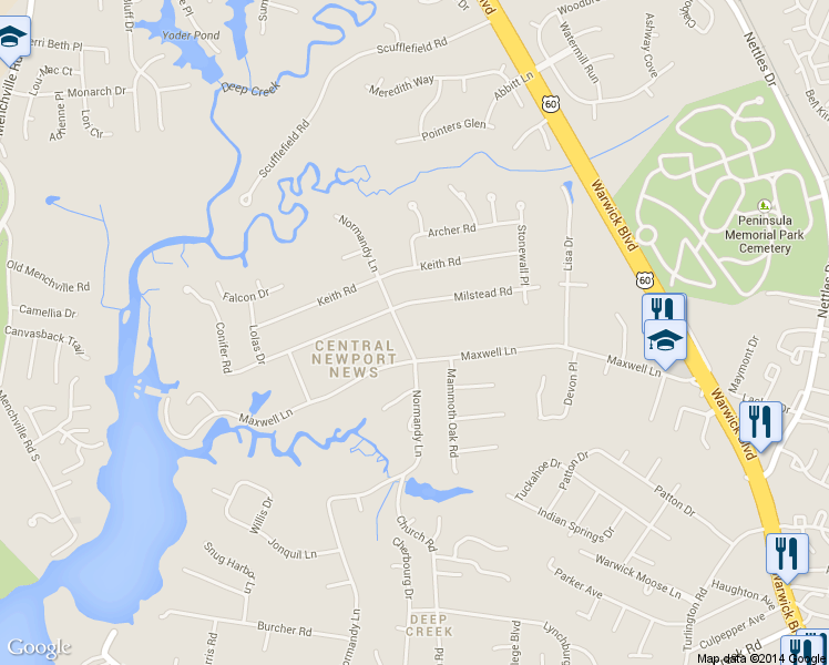 map of restaurants, bars, coffee shops, grocery stores, and more near 208 Normandy Ln in Newport News
