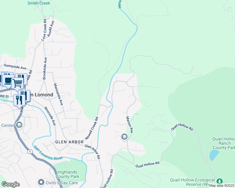 map of restaurants, bars, coffee shops, grocery stores, and more near 280 Rancho Rio Avenue in Ben Lomond