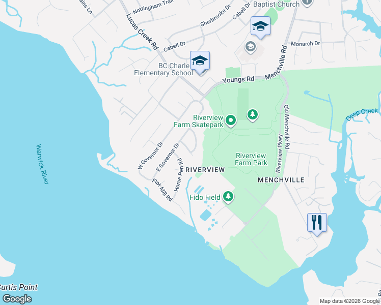 map of restaurants, bars, coffee shops, grocery stores, and more near Plantation Road in Newport News