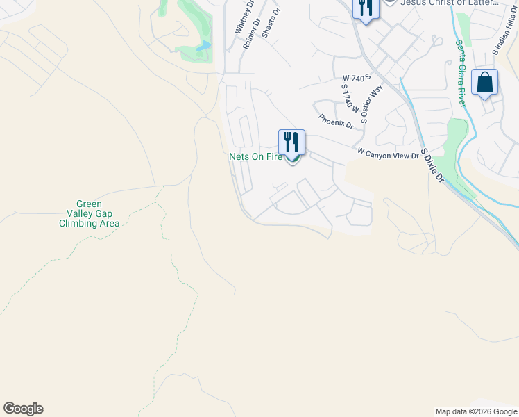 map of restaurants, bars, coffee shops, grocery stores, and more near 1111 Plantations Drive in St. George