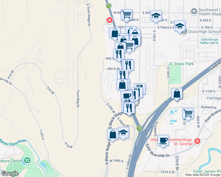 map of restaurants, bars, coffee shops, grocery stores, and more near 1173 South 250 West in St. George