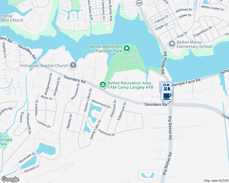 map of restaurants, bars, coffee shops, grocery stores, and more near 135 Saunders Road in Hampton