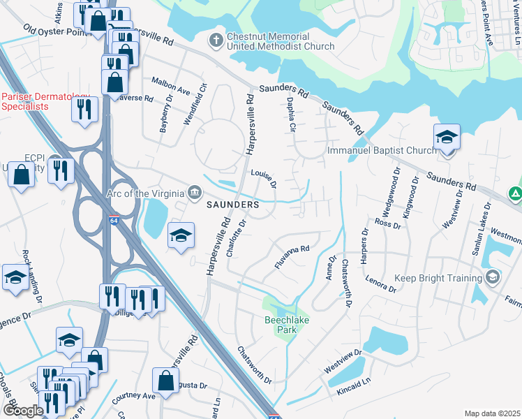 map of restaurants, bars, coffee shops, grocery stores, and more near 903 Pan Court in Newport News
