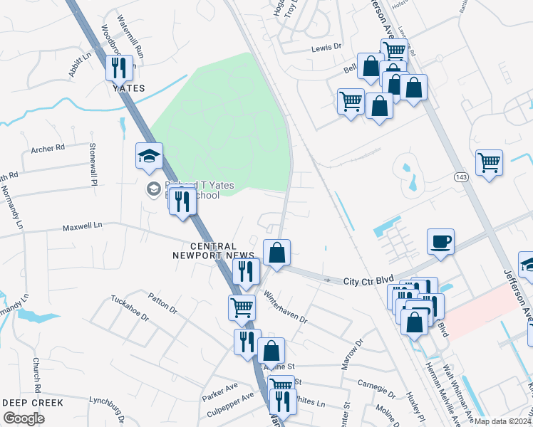 map of restaurants, bars, coffee shops, grocery stores, and more near 12728 Sandpebble Cir in Newport News