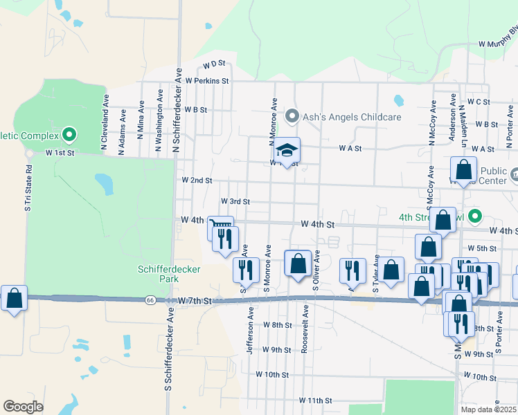map of restaurants, bars, coffee shops, grocery stores, and more near 2306 West 3rd Street in Joplin