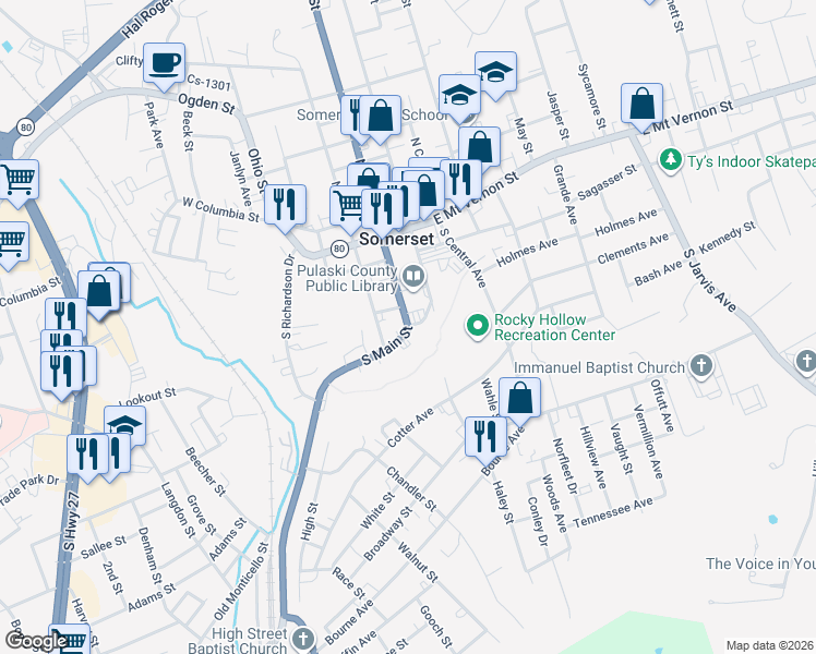 map of restaurants, bars, coffee shops, grocery stores, and more near 308 South Main Street in Somerset