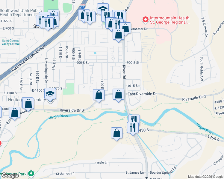 map of restaurants, bars, coffee shops, grocery stores, and more near 1164 East 1050 South Circle in St. George