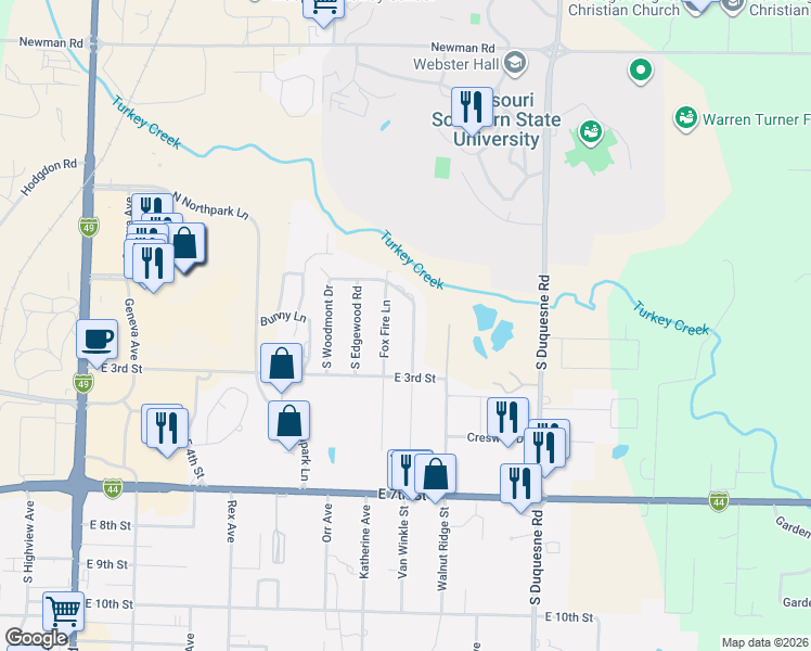 map of restaurants, bars, coffee shops, grocery stores, and more near 201 Morgan Drive in Joplin