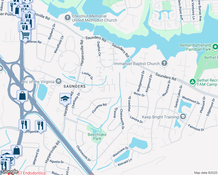 map of restaurants, bars, coffee shops, grocery stores, and more near 5 Rouvalis Circle in Newport News