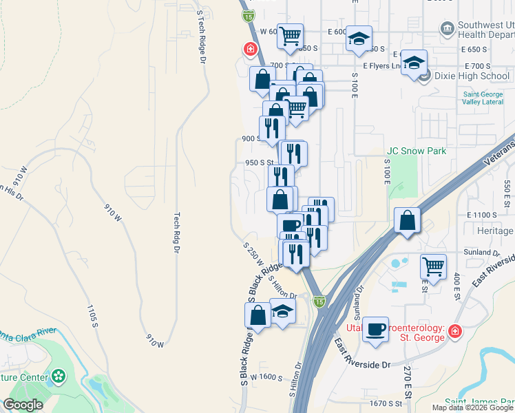 map of restaurants, bars, coffee shops, grocery stores, and more near 161 West 950 South in St. George