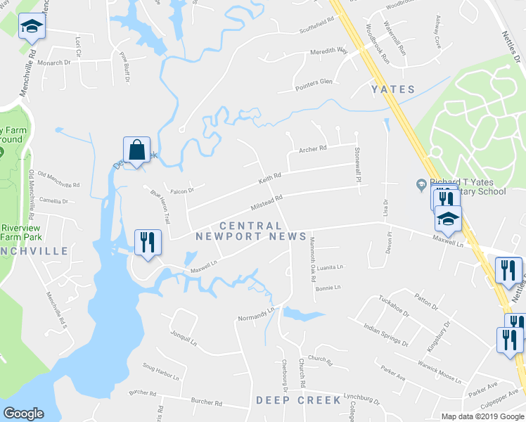 map of restaurants, bars, coffee shops, grocery stores, and more near 204 Milstead Road in Newport News