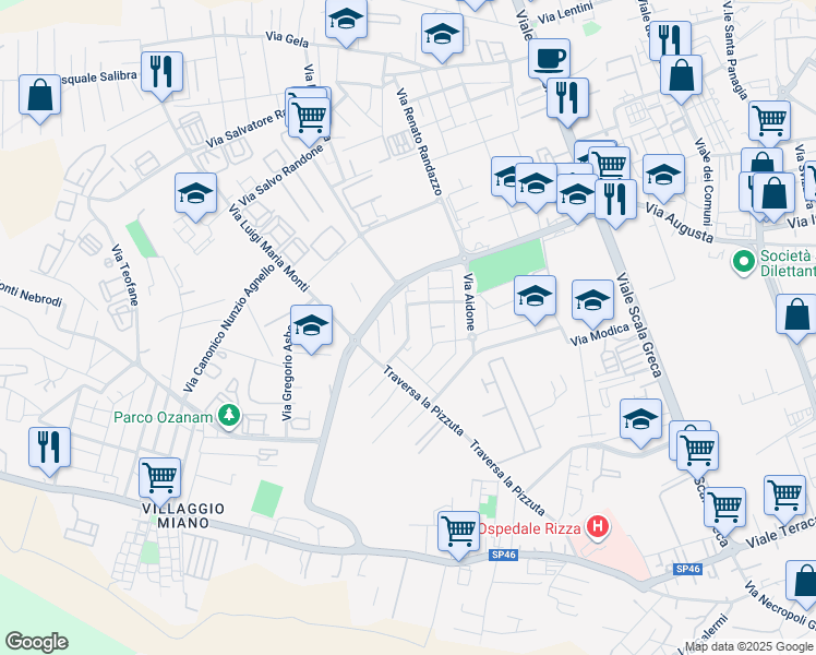 map of restaurants, bars, coffee shops, grocery stores, and more near 15 Via Selinunte in Siracusa