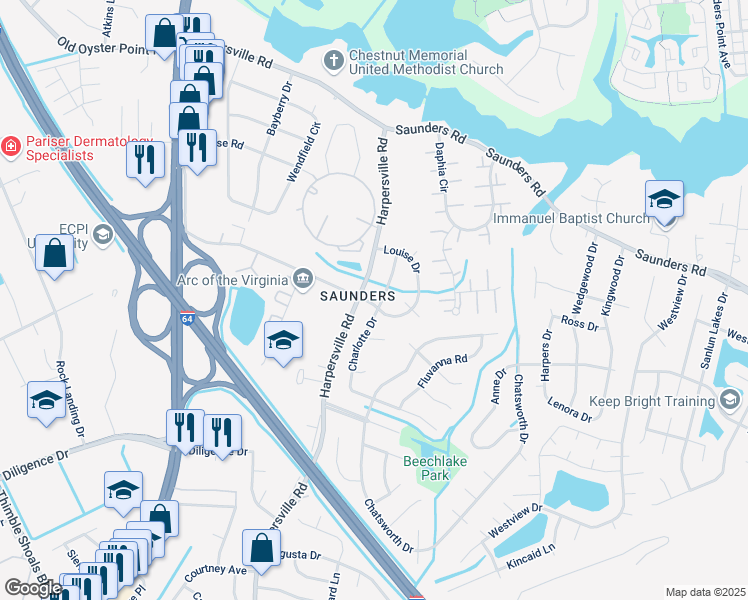 map of restaurants, bars, coffee shops, grocery stores, and more near 901 Charlotte Drive in Newport News