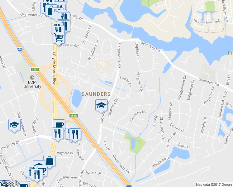 map of restaurants, bars, coffee shops, grocery stores, and more near 901 Charlotte Drive in Newport News