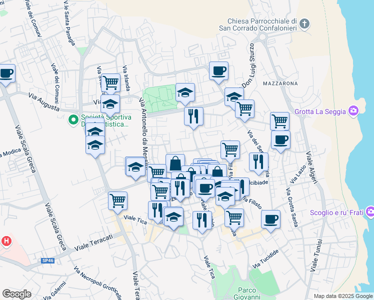 map of restaurants, bars, coffee shops, grocery stores, and more near 16a Via Sofio Ferrero in Syracuse