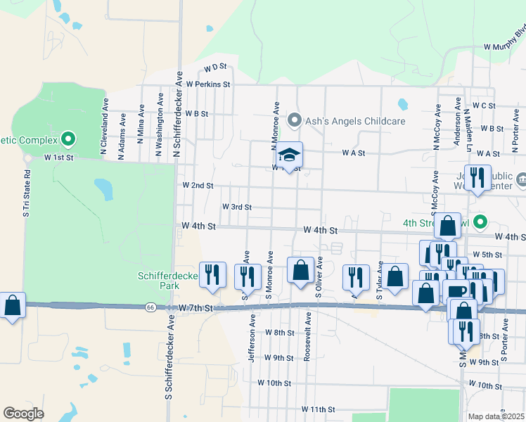 map of restaurants, bars, coffee shops, grocery stores, and more near 2306 West 3rd Street in Joplin