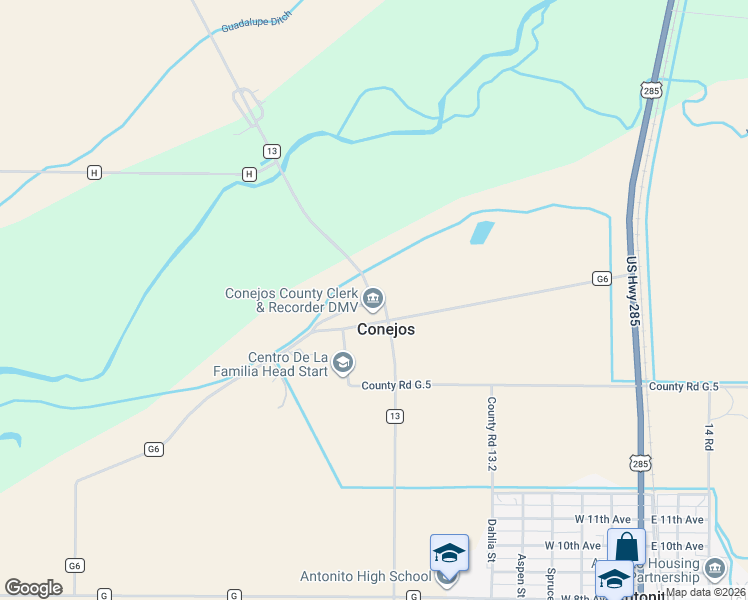 map of restaurants, bars, coffee shops, grocery stores, and more near in Conejos