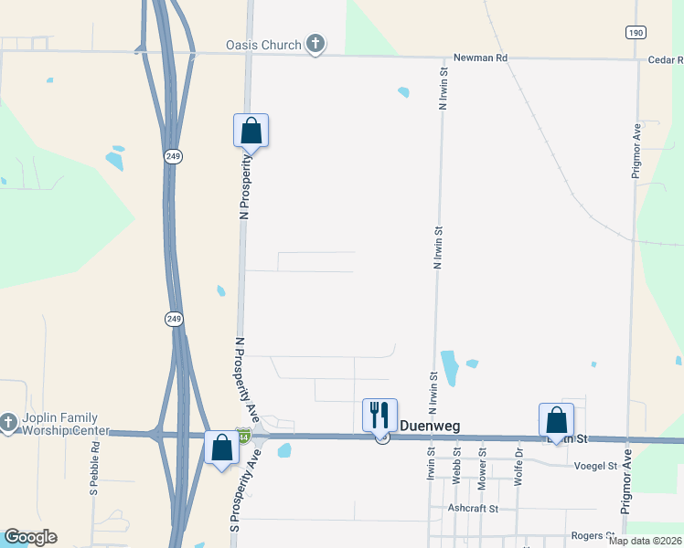 map of restaurants, bars, coffee shops, grocery stores, and more near North Irwin Street in Joplin