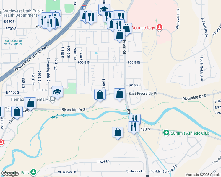 map of restaurants, bars, coffee shops, grocery stores, and more near 1134 East 900 South in St. George
