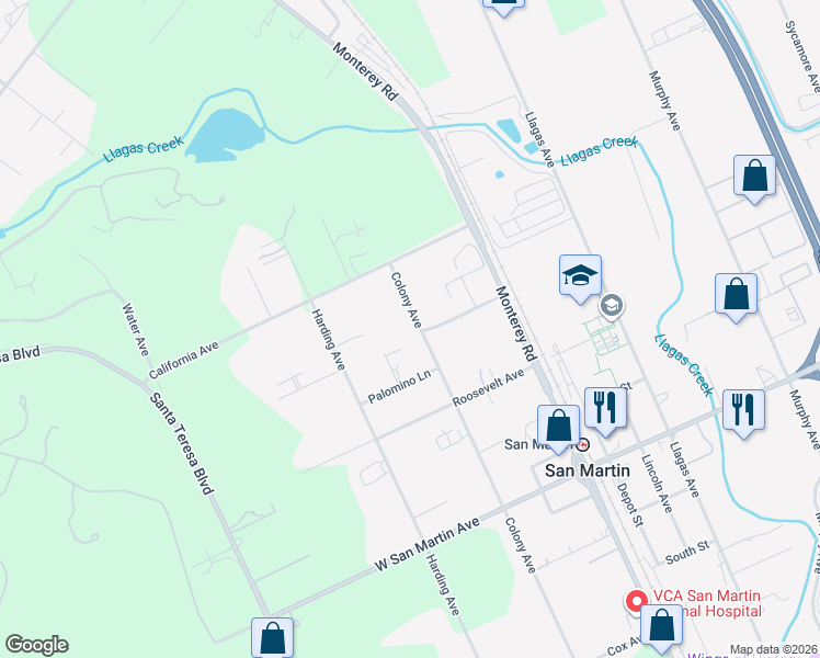 map of restaurants, bars, coffee shops, grocery stores, and more near 13765 Colony Avenue in San Martin