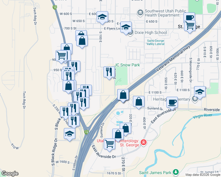 map of restaurants, bars, coffee shops, grocery stores, and more near 171 East 1160 South in Saint George