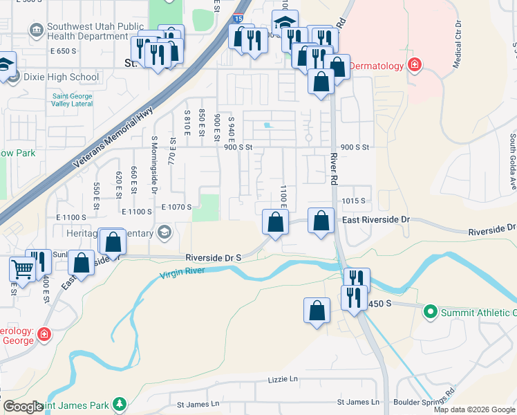 map of restaurants, bars, coffee shops, grocery stores, and more near 1040 South 1100 East in St. George